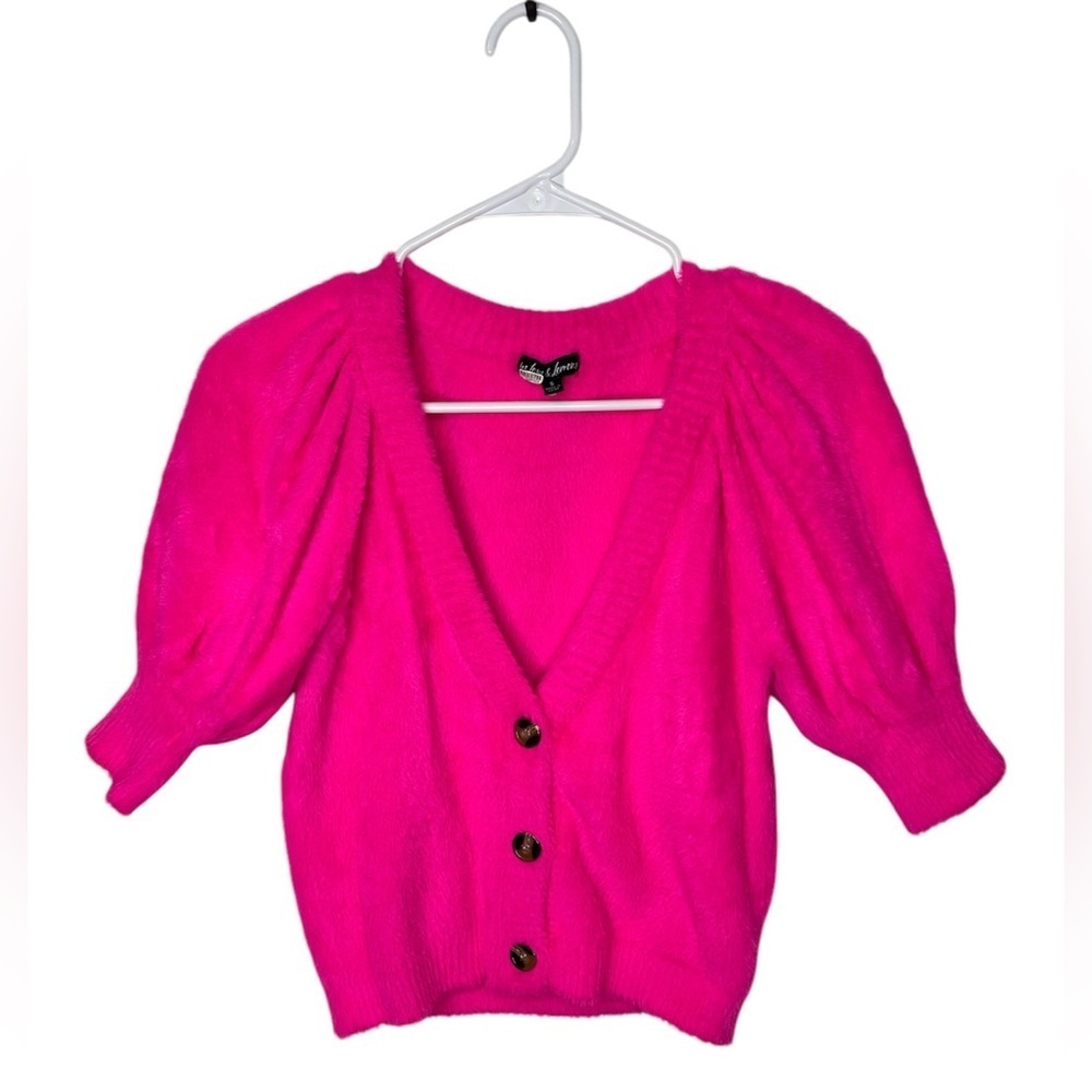 For Love & Lemons Chateau Short Sleeve Cardigan Size Small Hot Pink Fuzzy - Picture 3 of 10